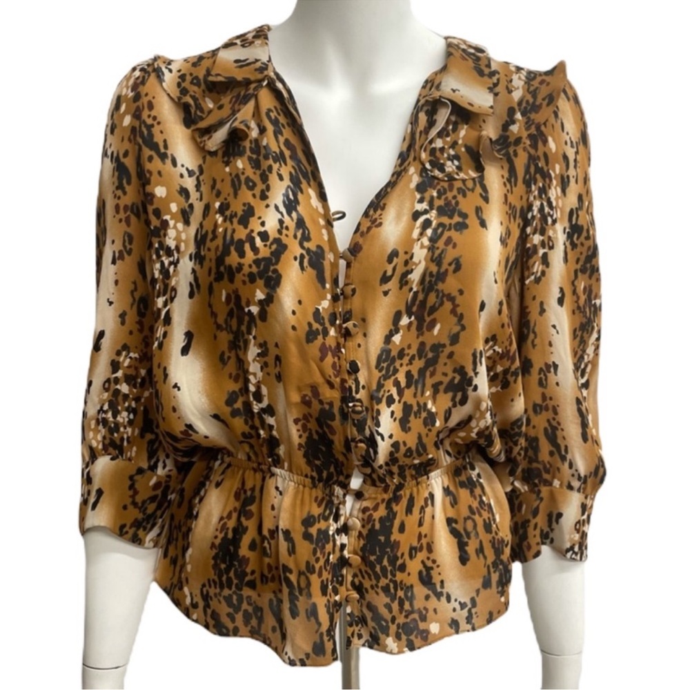 Parker Ruffle Animal Print Leopard 100% Silk 3/4 Sleeve Blouse | Size: XS
